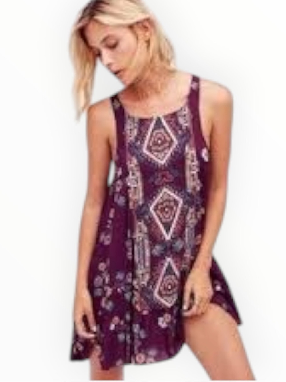 FREE PEOPLE Intimately Annka Boarder Slip Dress Plum Floral Geo Tank Swing XS S